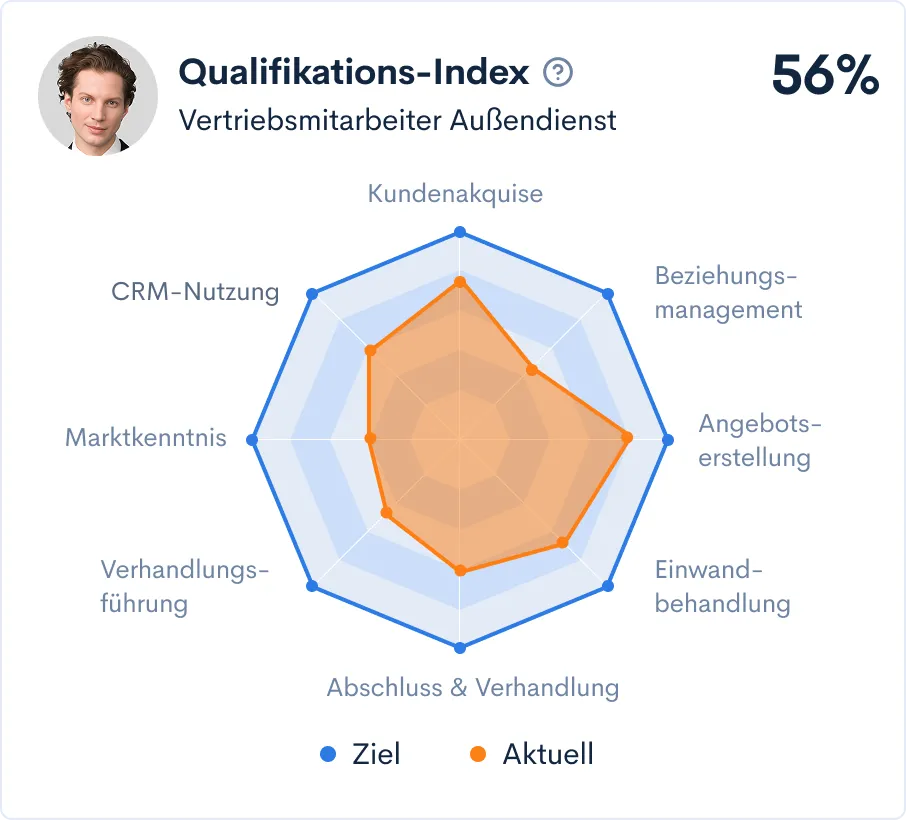 Radar-Diagramm zur Rollenpassung: aktuelle und Soll-Kompetenzen eines Vertriebsmitarbeiters
