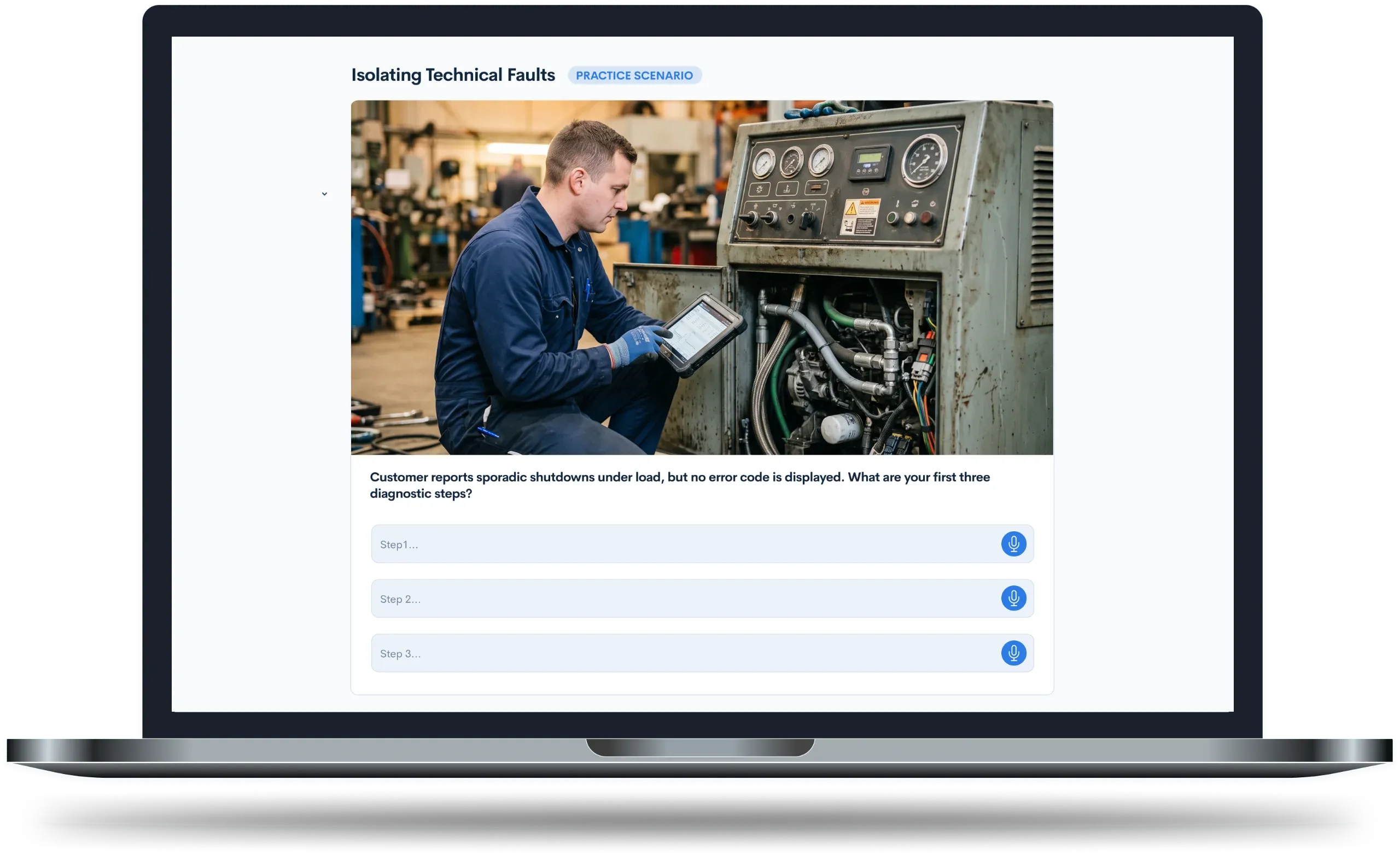 Service technician practice scenario on desktop