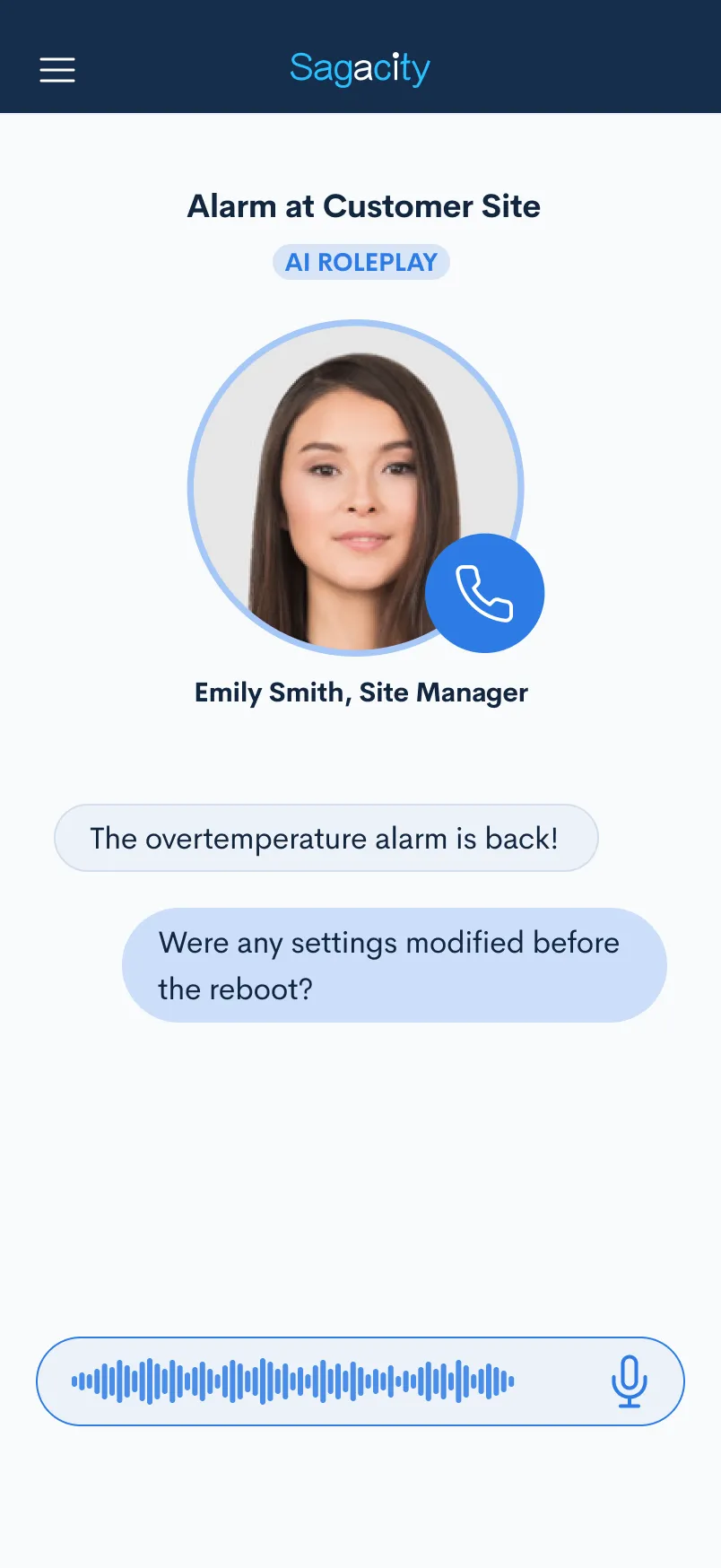 Mobile AI roleplay practice scenario: voice call with Emily, Site Manager