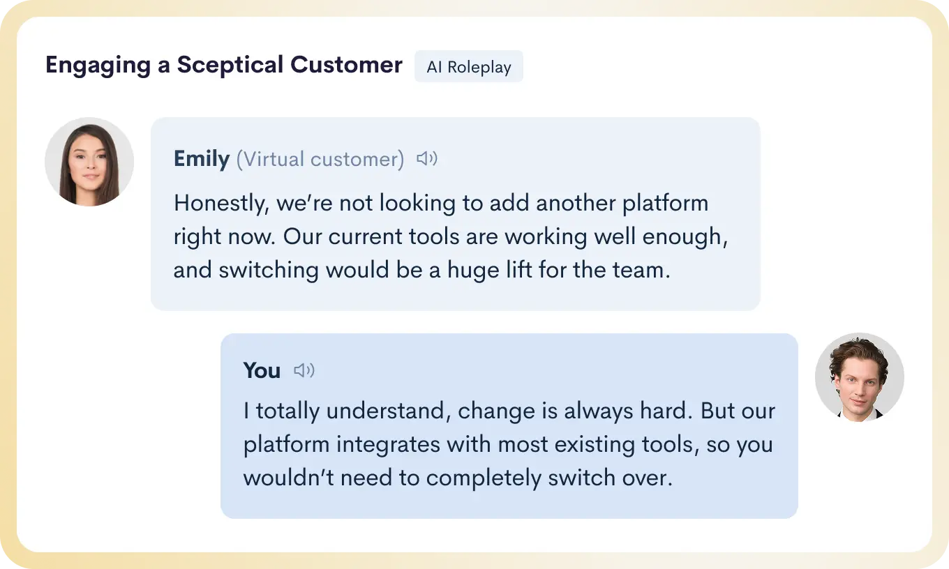 AI-roleplay practice scenario for handling a skeptical customer